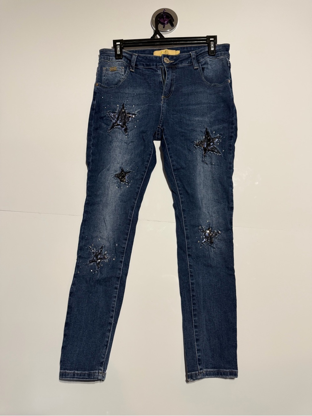 Dark Blue Skinny Jeans with Sequin Star Embellishments